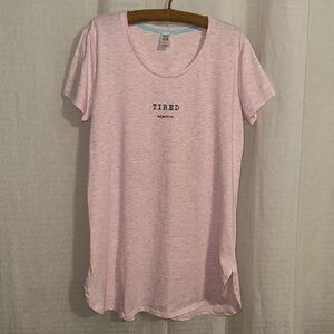 love to lounge 10-12 Crewneck Pink Heather Gray Striped “TIRED adjective” Tee